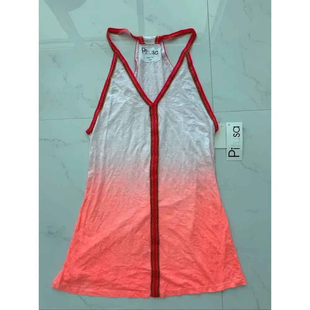 Pitusa Dip Dye Mini Sundress in Coral with signature Inca trim NWT